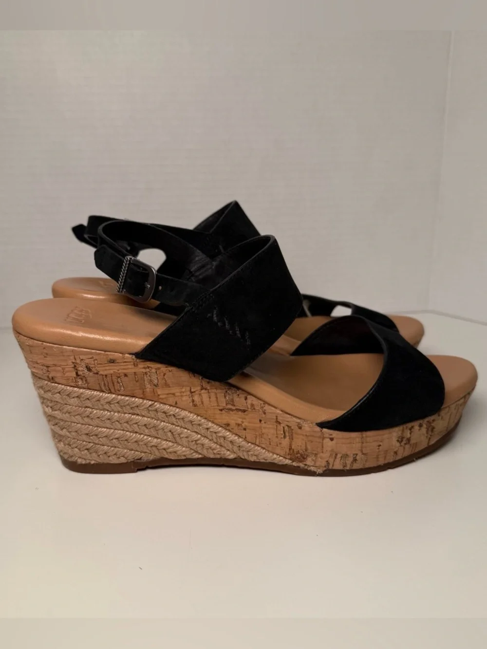 Ugg Elana Black Leather Slingback Cork Jute Wedge Sandals Women's Size 8.5 Boho